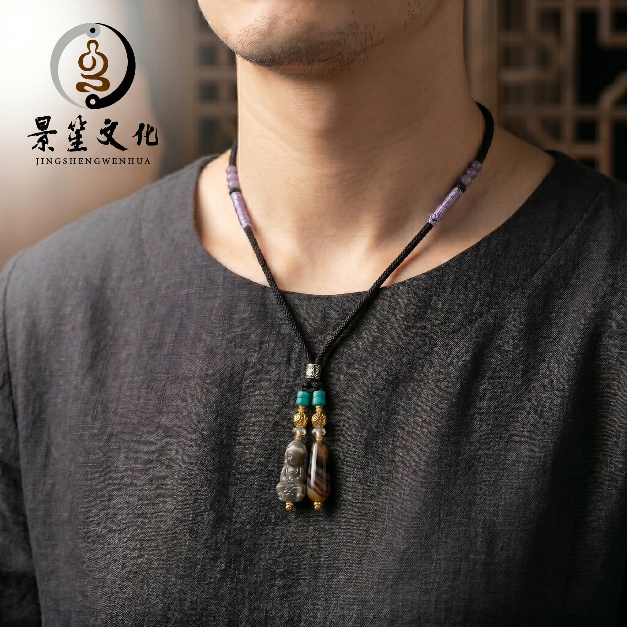 藏式双坠佛头玛瑙编绳项链