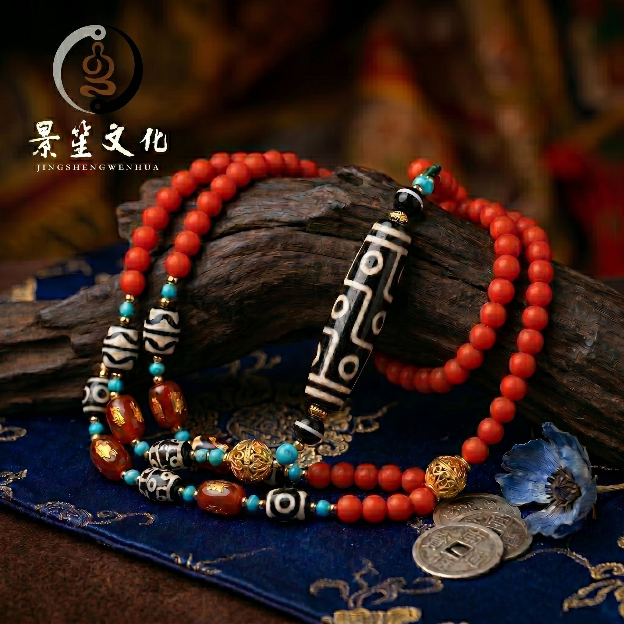 藏式九眼天珠南红项链